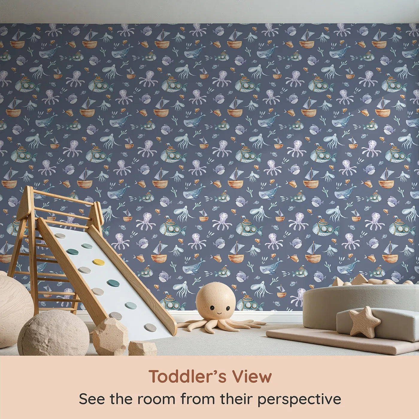 Whimsy Tots Undersea Slumber Voyage Wallpaper in Deep Blue (W3243A) from your child's view.Whales, submarines, and sleepy sea friends drift through a dreamy ocean world.