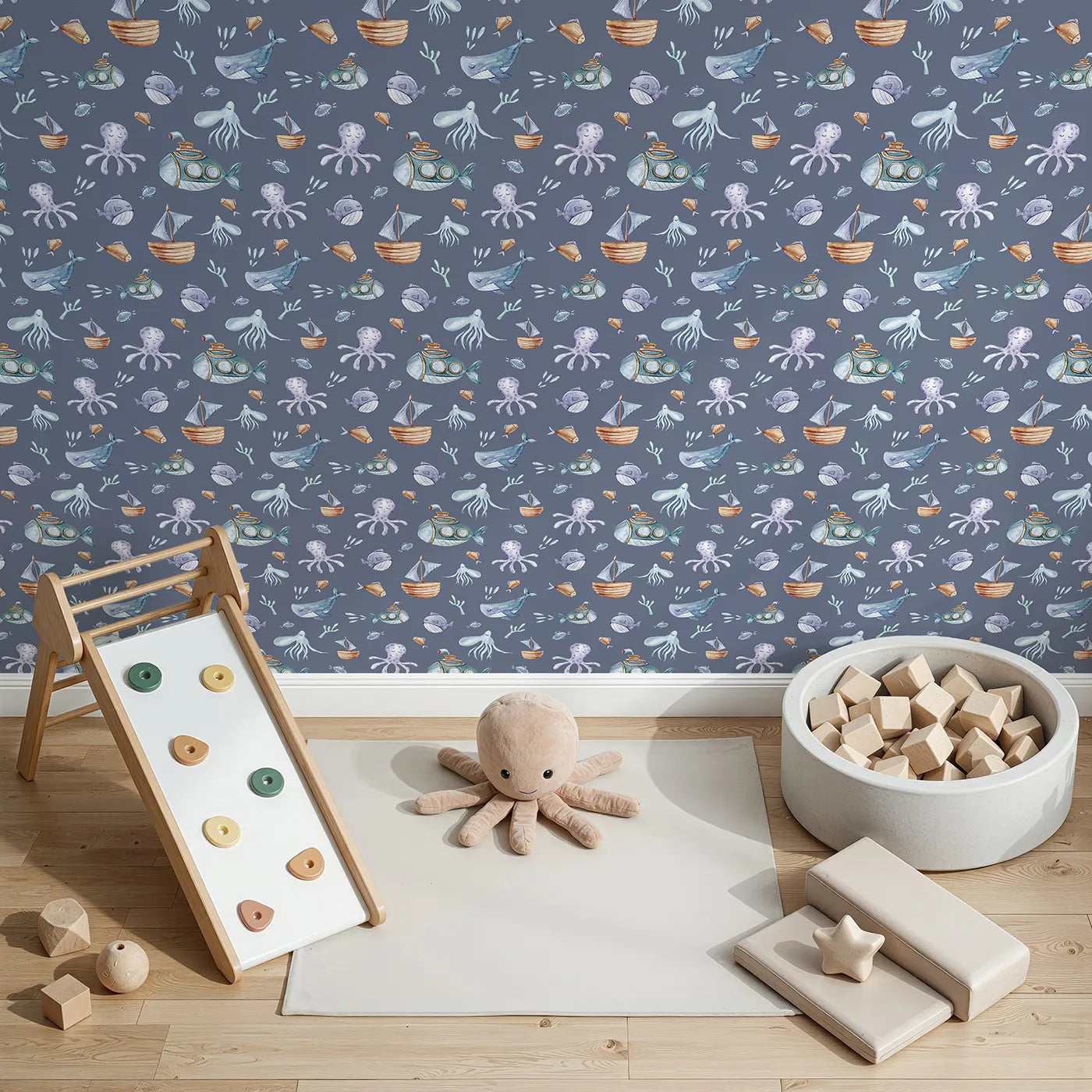 Top-Down view of Whimsy Tots' Undersea Slumber Voyage Wallpaper in Deep Blue (W3243A).Whales, submarines, and sleepy sea friends drift through a dreamy ocean world.