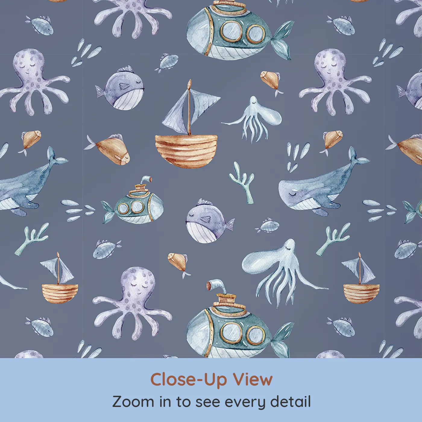 Close-up view of Whimsy Tots' Undersea Slumber Voyage Wallpaper in Deep Blue (W3243A).Whales, submarines, and sleepy sea friends drift through a dreamy ocean world.