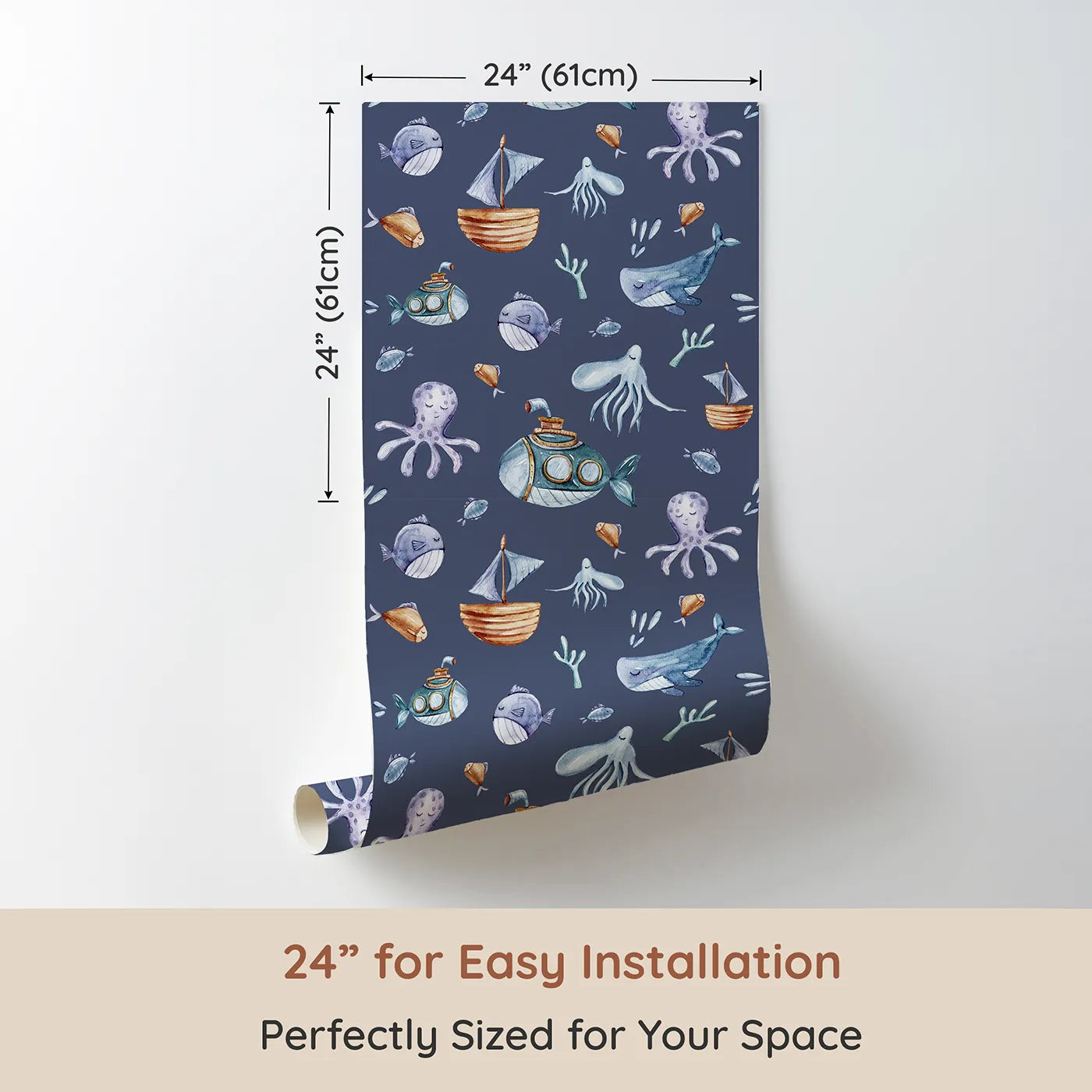 Dimension view of Whimsy Tots Undersea Slumber Voyage Wallpaper in Deep Blue (W3243A). Printed in 24-inch-wide panel for easy installation. Whales, submarines, and sleepy sea friends drift through a dreamy ocean world.