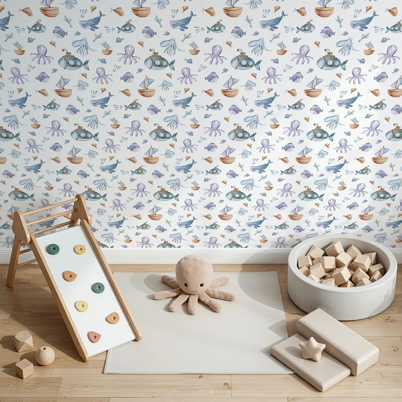 Top-Down view of Whimsy Tots' Undersea Slumber Voyage Wallpaper in White (W3243B).Peaceful sea creatures and dreamy subs float through soft blue waters.