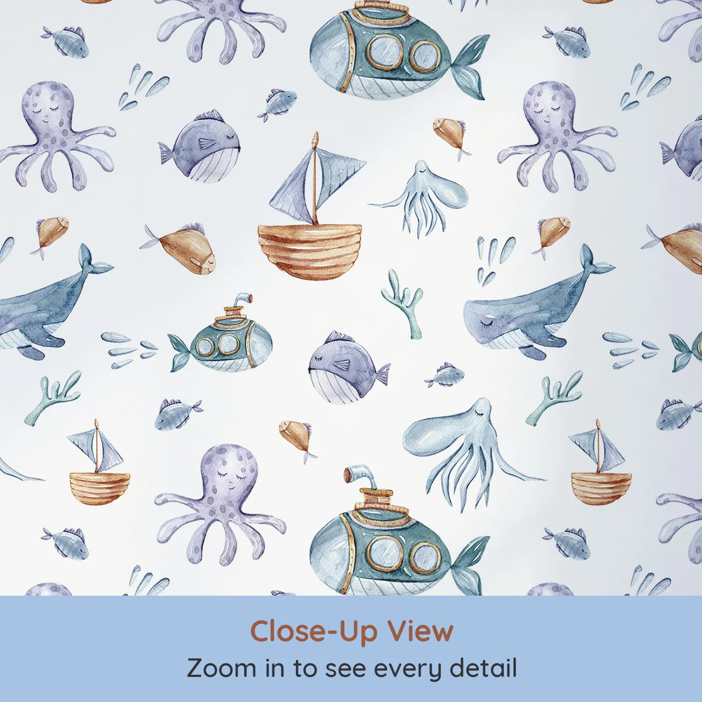 Close-up view of Whimsy Tots' Undersea Slumber Voyage Wallpaper in White (W3243B).Peaceful sea creatures and dreamy subs float through soft blue waters.