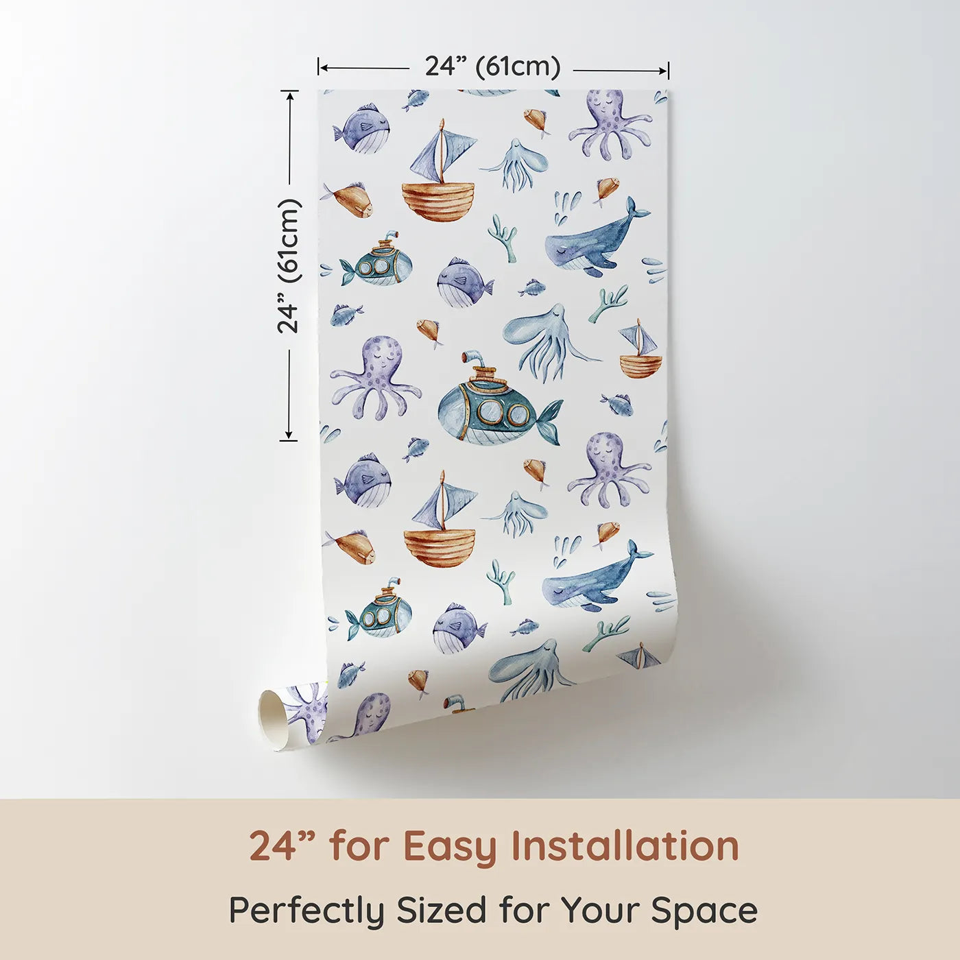 Dimension view of Whimsy Tots Undersea Slumber Voyage Wallpaper in White (W3243B). Printed in 24-inch-wide panel for easy installation. Peaceful sea creatures and dreamy subs float through soft blue waters.