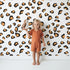 Lovely child standing in front of Whimsy Tots Playful Cub Spots Wallpaper in White with leopard, spot, pattern in design. Lovely child standing in front of Whimsy Tots Playful Cub Spots Wallpaper in White with leopard, spot, pattern in design.