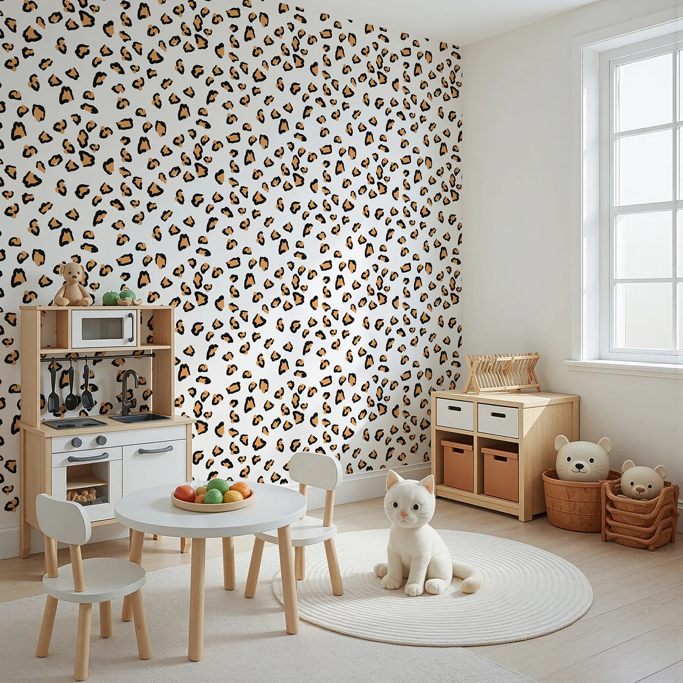Angled view of Whimsy Tots' Playful Cub Spots Wallpaper in White (W3244A).Cute cub spots bring wild joy to every wall.