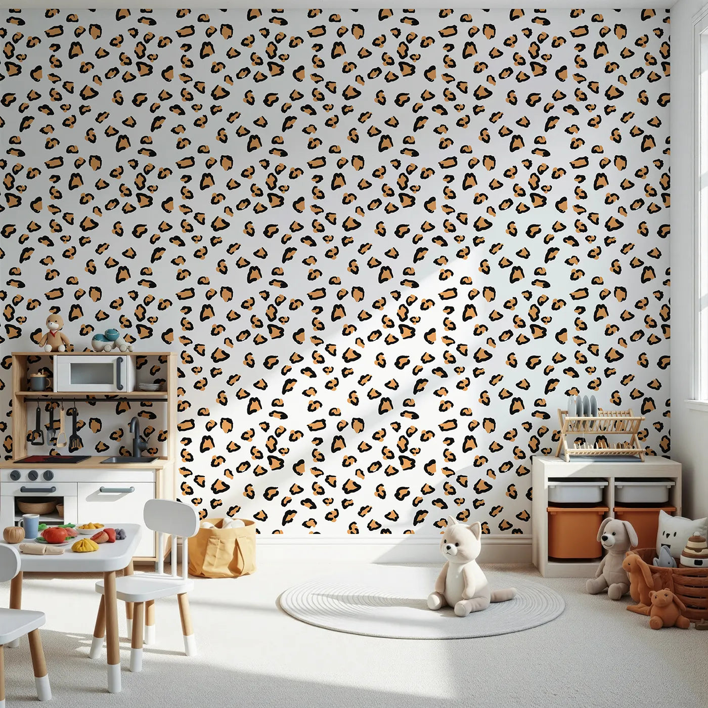 Front view of Whimsy Tots' Playful Cub Spots Wallpaper in White