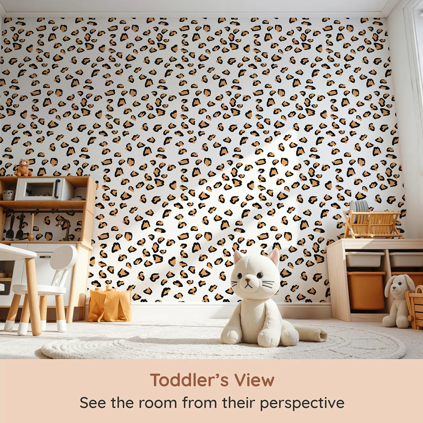 Whimsy Tots Playful Cub Spots Wallpaper in White (W3244A) from your child's view.Cute cub spots bring wild joy to every wall.