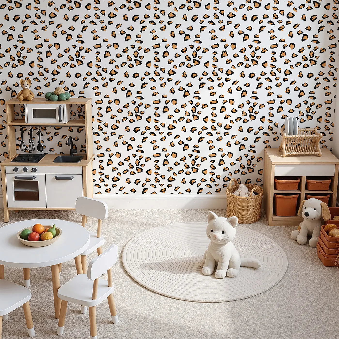 Top-Down view of Whimsy Tots' Playful Cub Spots Wallpaper in White (W3244A).Cute cub spots bring wild joy to every wall.