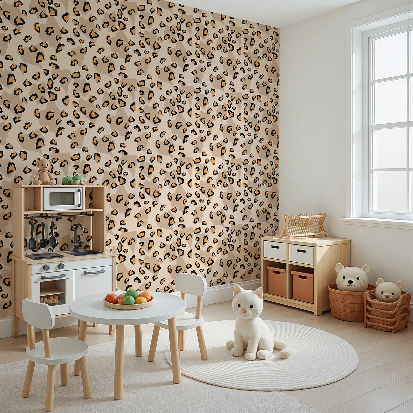 Angled view of Whimsy Tots' Playful Cub Spots Wallpaper in Beige (W3244B).Leopard spots dance across a warm safari palette.