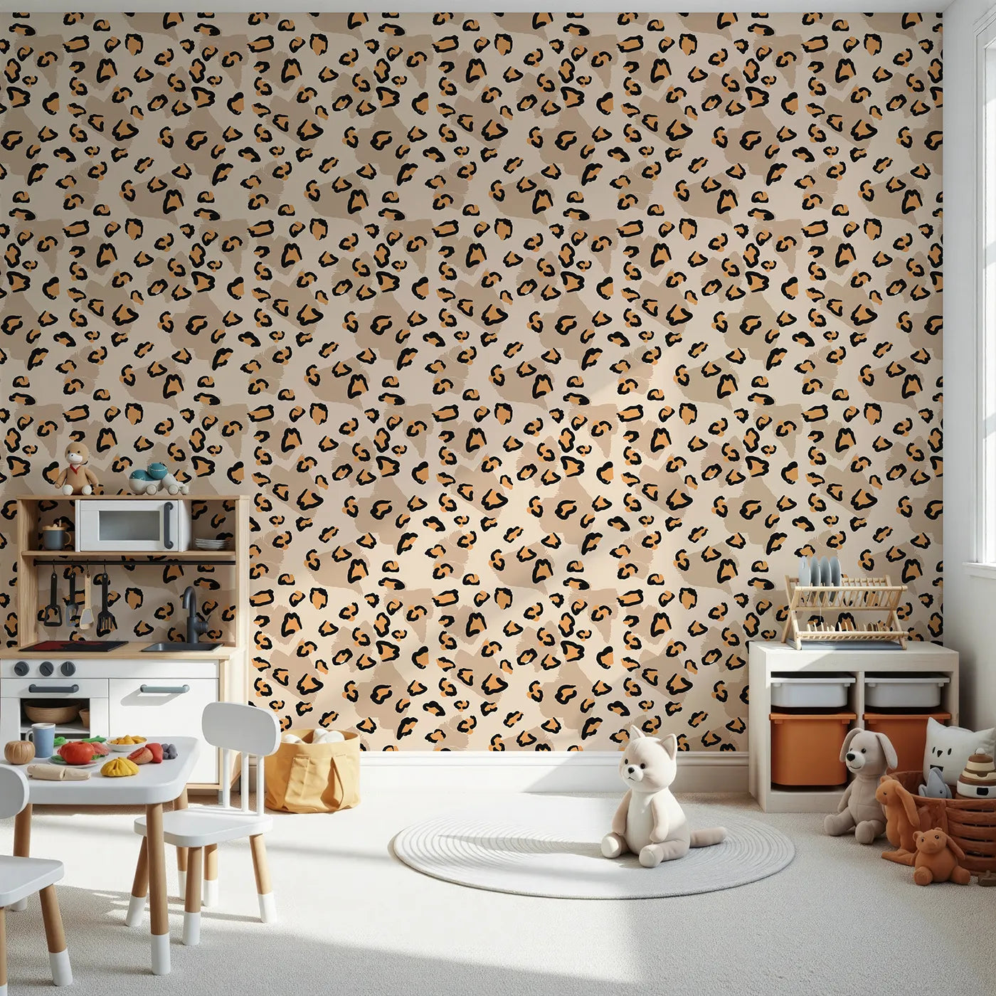 Front view of Whimsy Tots' Playful Cub Spots Wallpaper in Beige