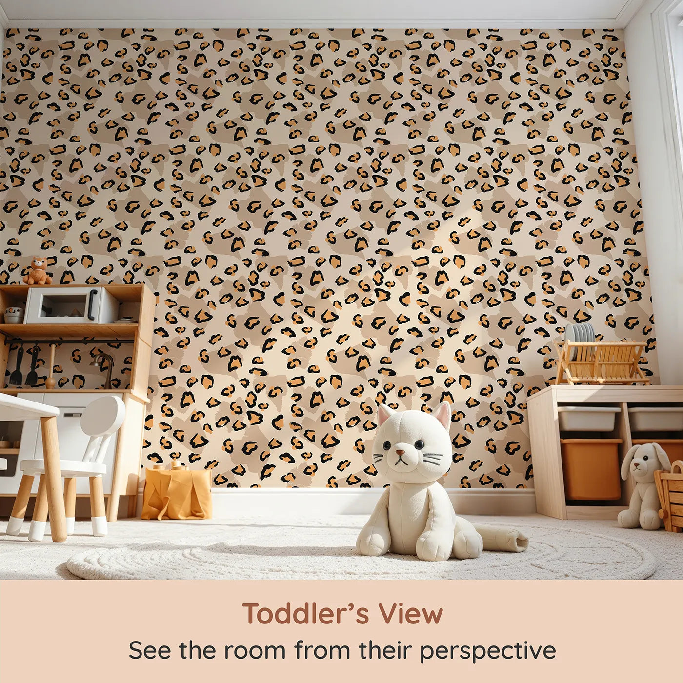 Whimsy Tots Playful Cub Spots Wallpaper in Beige (W3244B) from your child's view.Leopard spots dance across a warm safari palette.