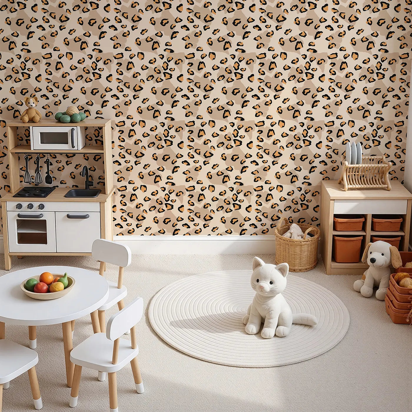 Top-Down view of Whimsy Tots' Playful Cub Spots Wallpaper in Beige (W3244B).Leopard spots dance across a warm safari palette.