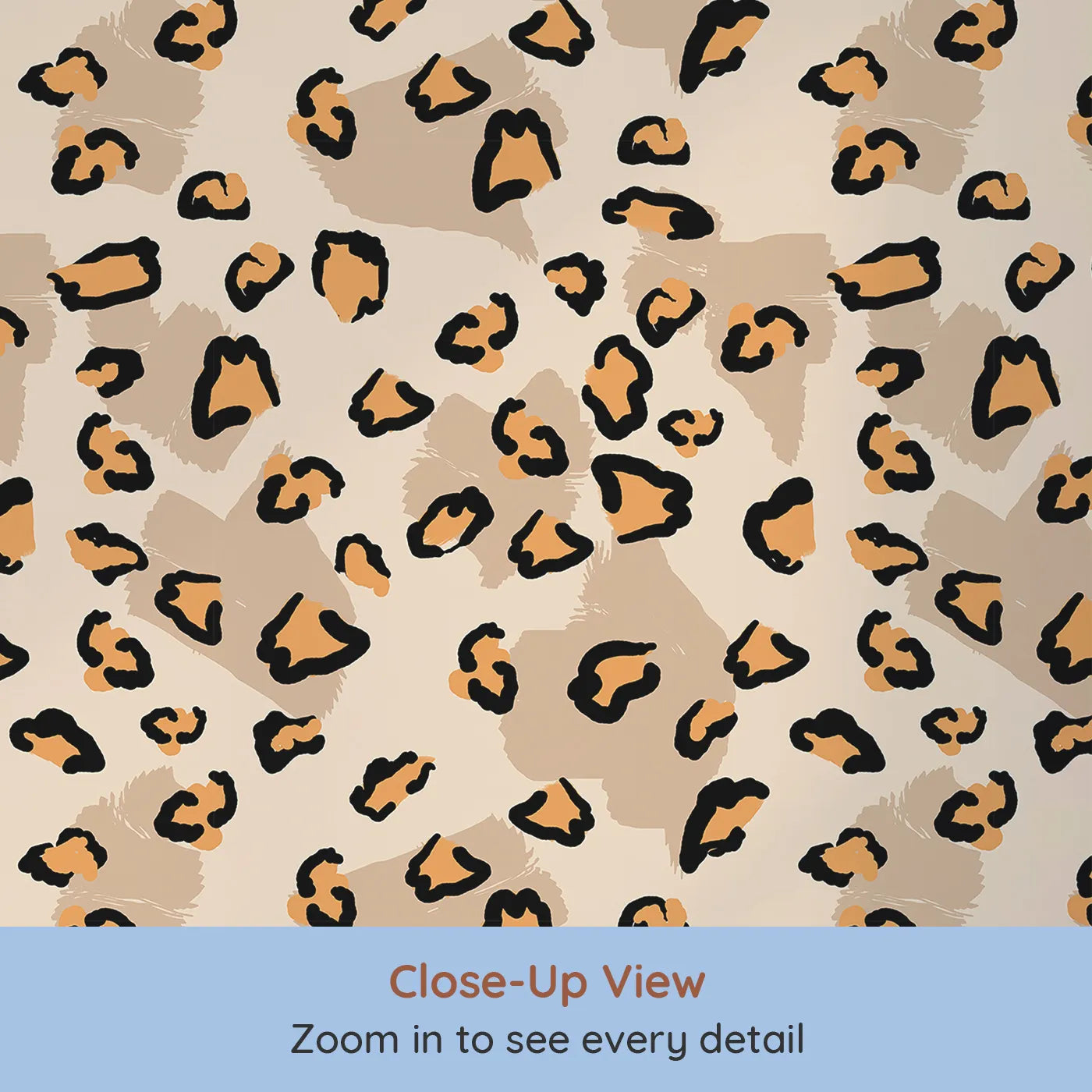 Close-up view of Whimsy Tots' Playful Cub Spots Wallpaper in Beige (W3244B).Leopard spots dance across a warm safari palette.