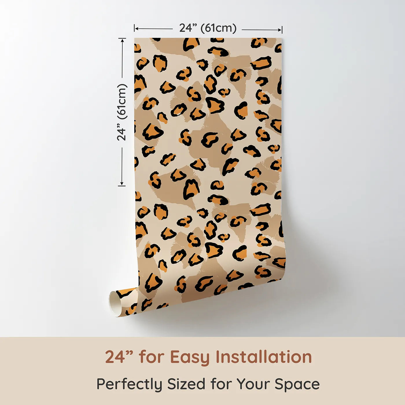 Dimension view of Whimsy Tots Playful Cub Spots Wallpaper in Beige (W3244B). Printed in 24-inch-wide panel for easy installation. Leopard spots dance across a warm safari palette.