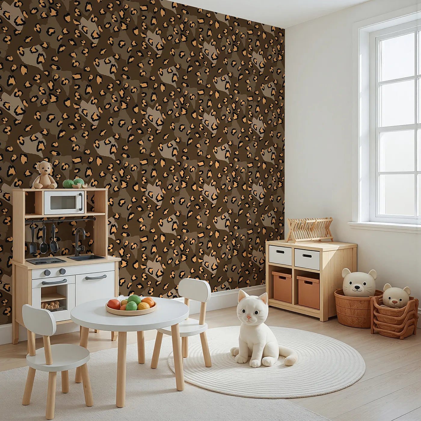 Angled view of Whimsy Tots' Playful Cub Spots Wallpaper in Brown (W3244C).Leopard spots dance boldly through earthy tones and cozy vibes.