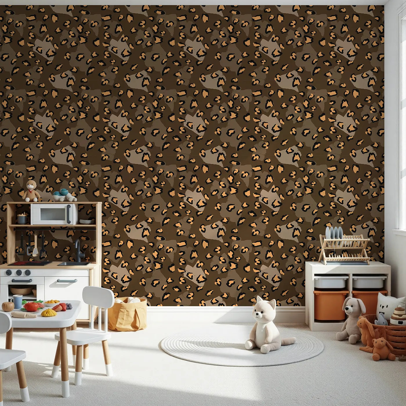 Front view of Whimsy Tots' Playful Cub Spots Wallpaper in Brown