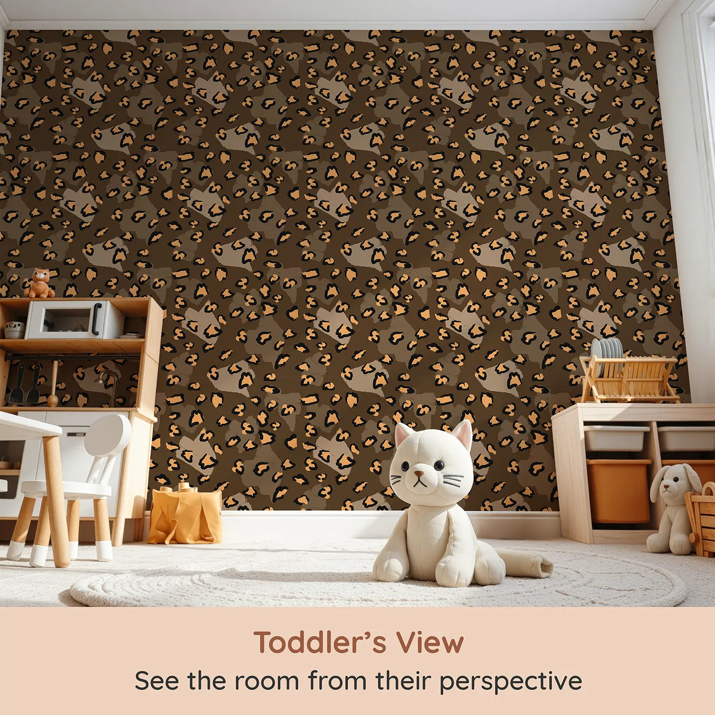 Whimsy Tots Playful Cub Spots Wallpaper in Brown (W3244C) from your child's view.Leopard spots dance boldly through earthy tones and cozy vibes.