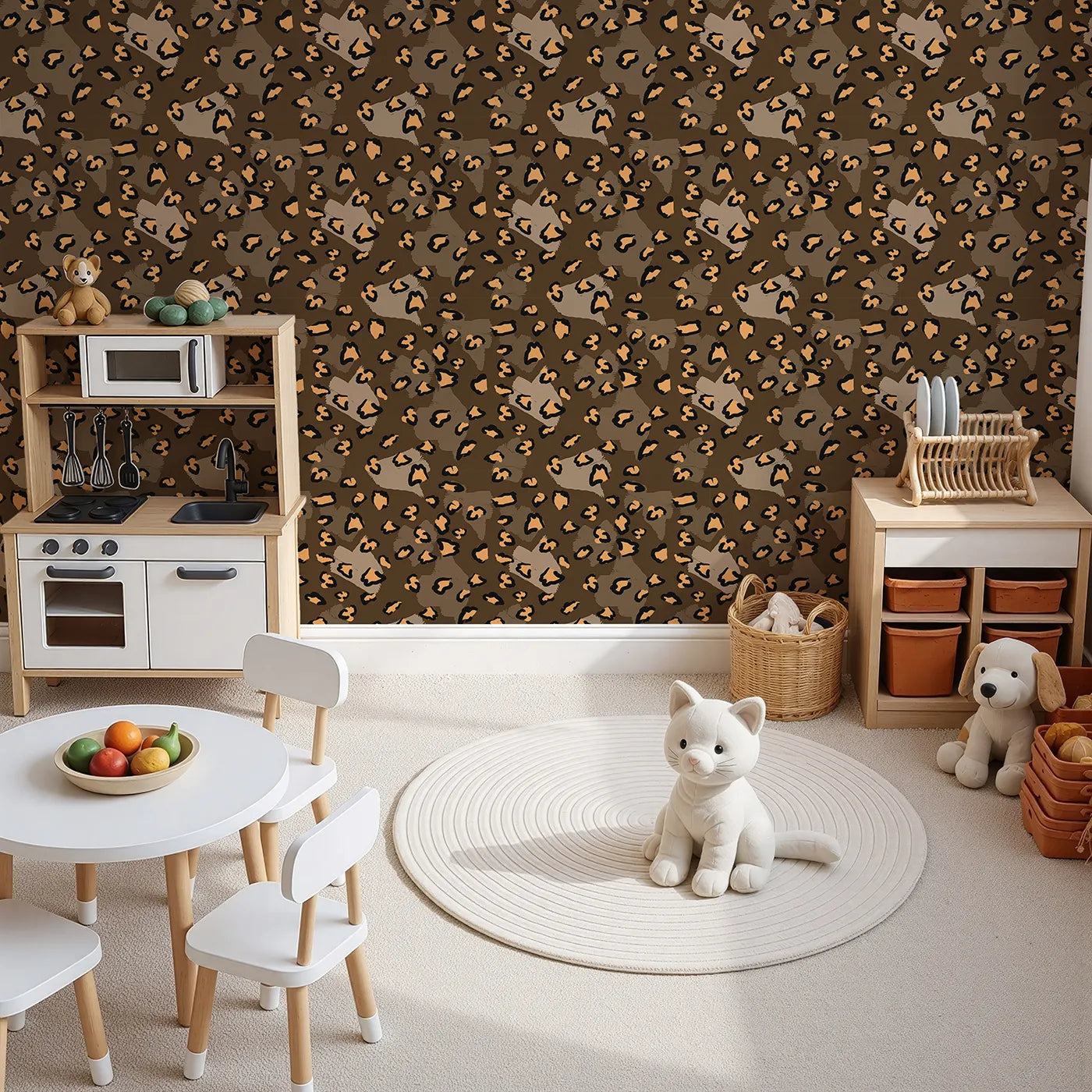 Top-Down view of Whimsy Tots' Playful Cub Spots Wallpaper in Brown (W3244C).Leopard spots dance boldly through earthy tones and cozy vibes.