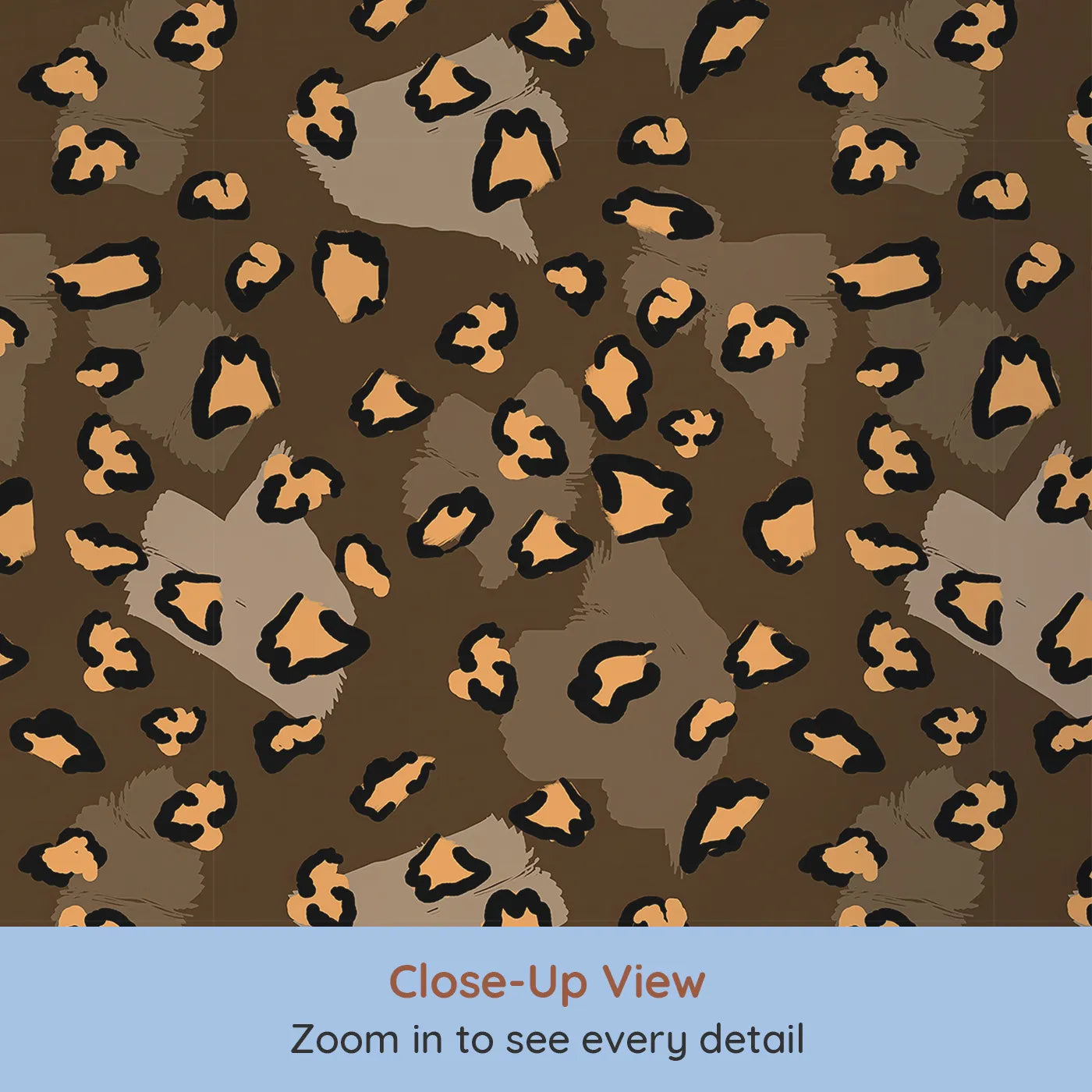 Close-up view of Whimsy Tots' Playful Cub Spots Wallpaper in Brown (W3244C).Leopard spots dance boldly through earthy tones and cozy vibes.