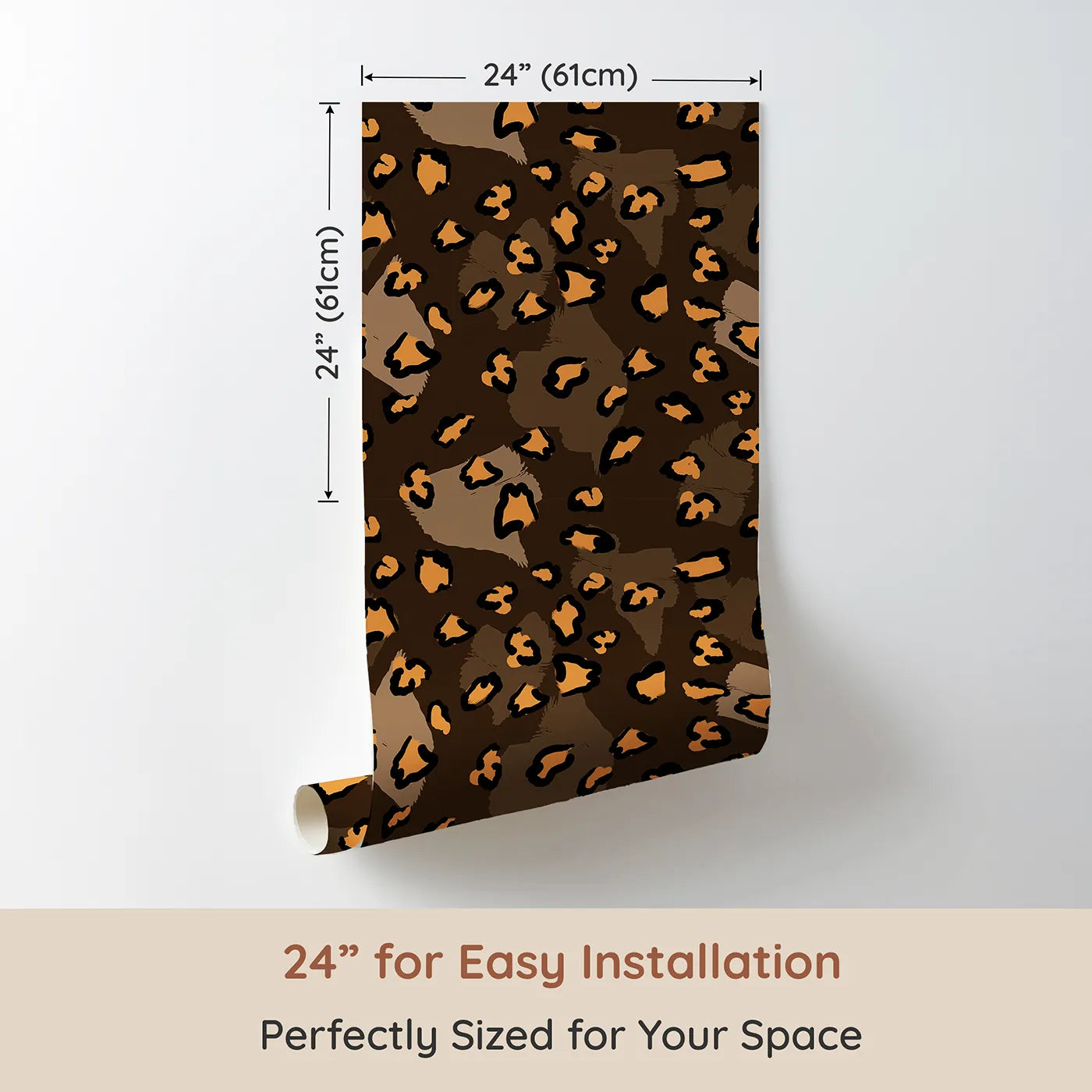 Dimension view of Whimsy Tots Playful Cub Spots Wallpaper in Brown (W3244C). Printed in 24-inch-wide panel for easy installation. Leopard spots dance boldly through earthy tones and cozy vibes.