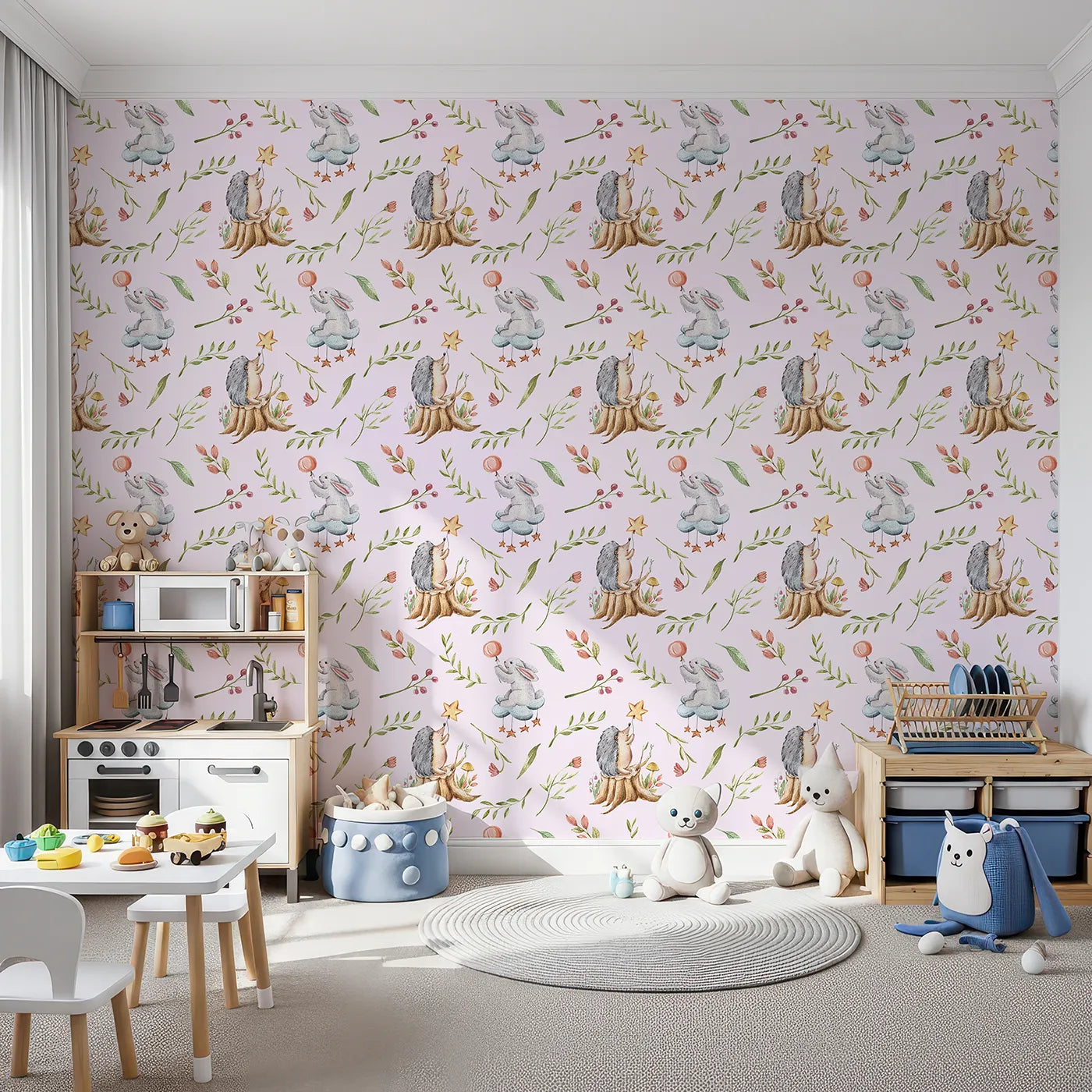 Front view of Whimsy Tots' Starlight Forest Friends Wallpaper in Cream