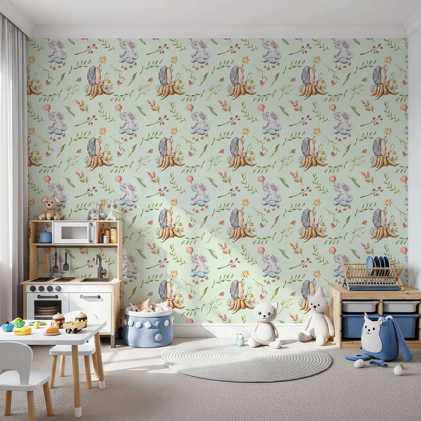 Front view of Whimsy Tots' Starlight Forest Friends Wallpaper in Mint Green