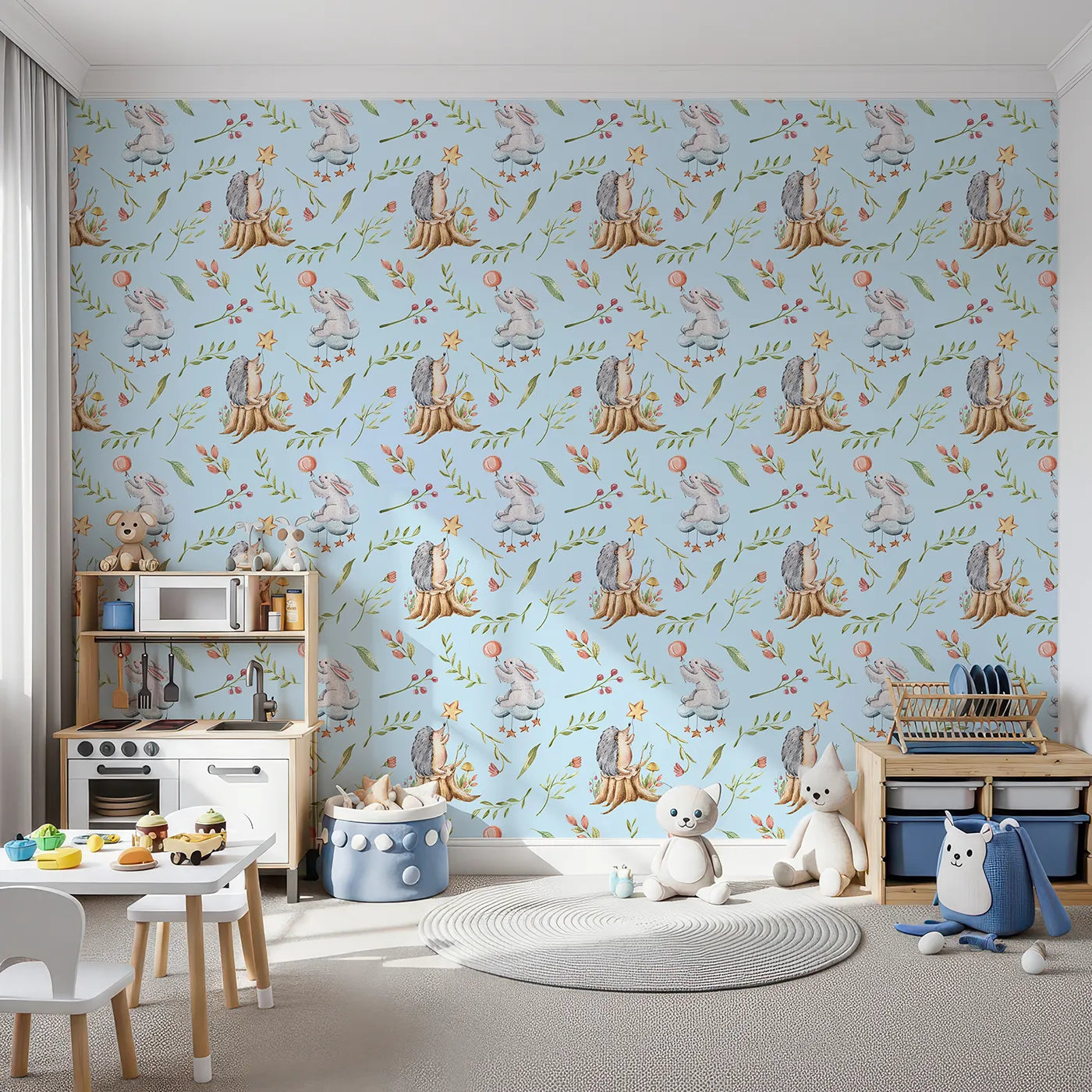 Front view of Whimsy Tots' Starlight Forest Friends Wallpaper in Sky Blue