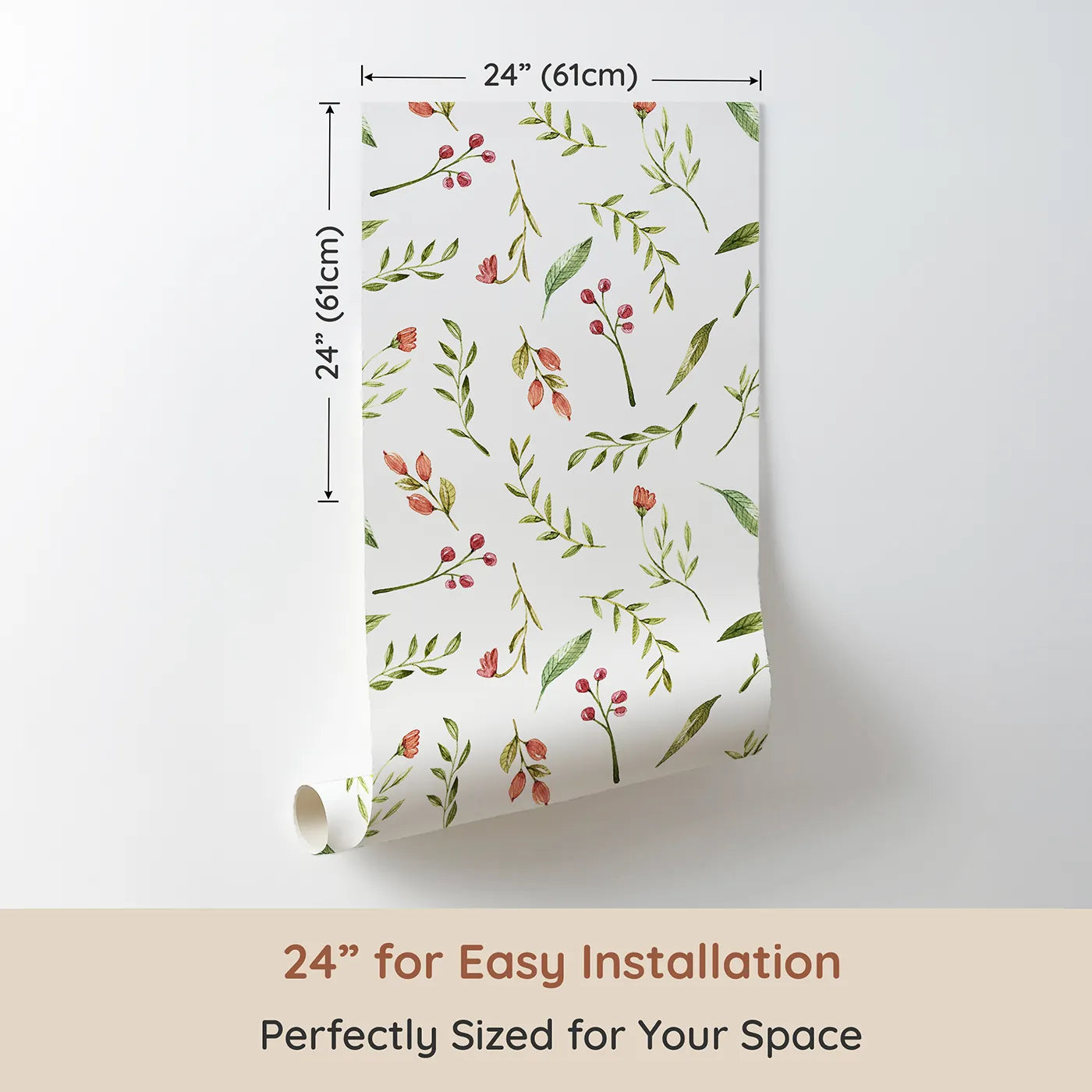 Dimension view of Whimsy Tots Blossom Meadow Breeze Wallpaper in White (W3246A). Printed in 24-inch-wide panel for easy installation. Gentle florals and leafy sprigs bring the calm of a blooming meadow.