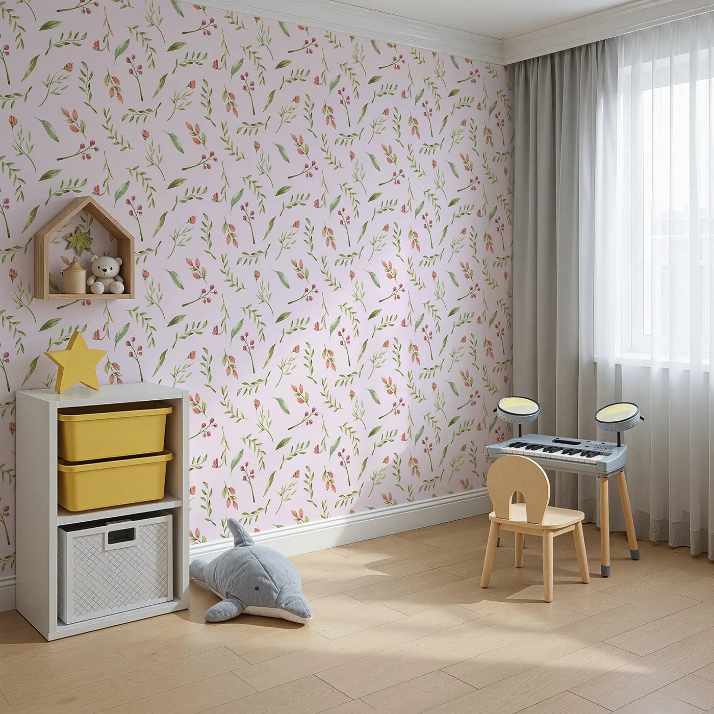 Angled view of Whimsy Tots' Blossom Meadow Breeze Wallpaper in Blush Pink (W3246B).Gentle florals and leafy sprigs bring the calm of a blooming meadow.