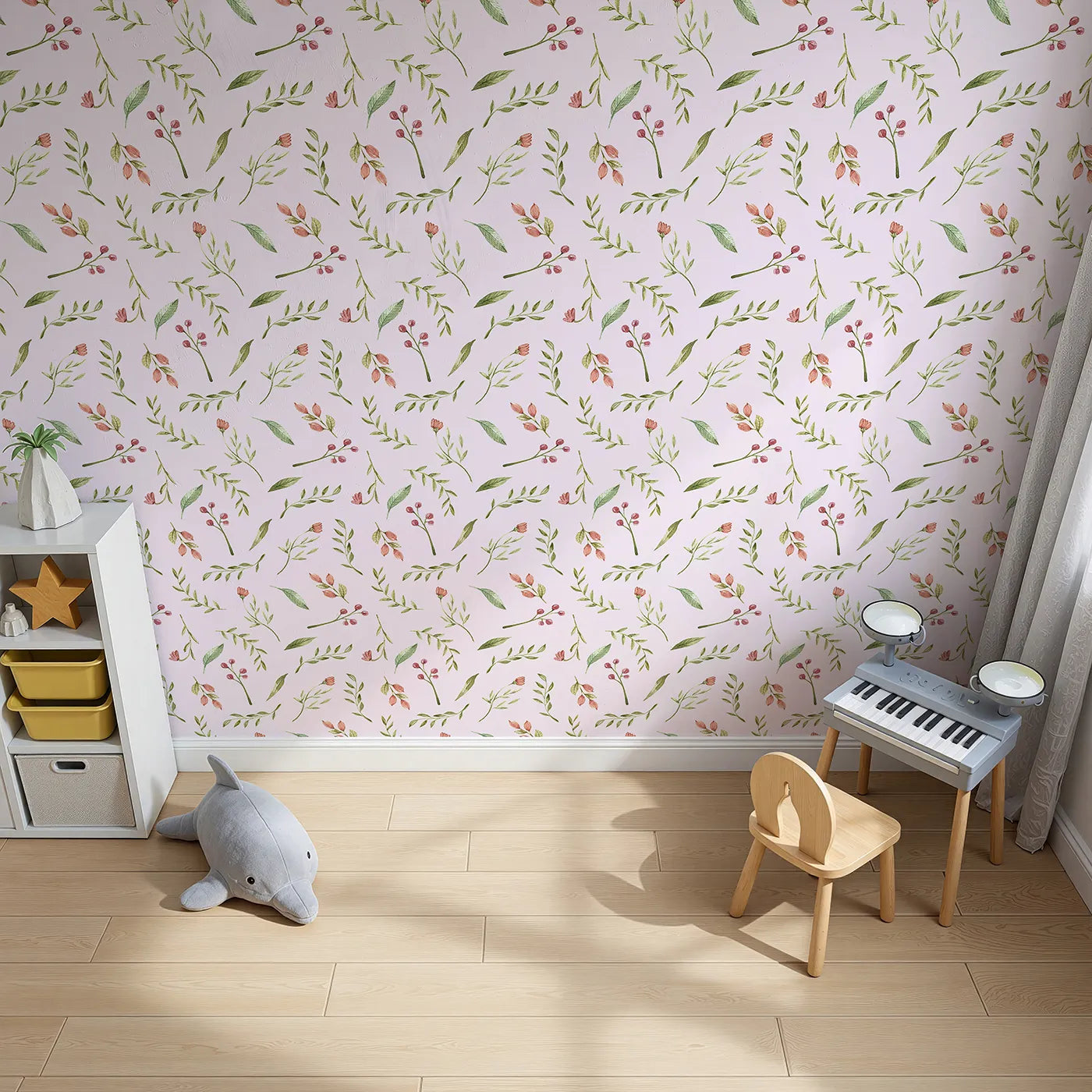 Top-Down view of Whimsy Tots' Blossom Meadow Breeze Wallpaper in Blush Pink (W3246B).Gentle florals and leafy sprigs bring the calm of a blooming meadow.
