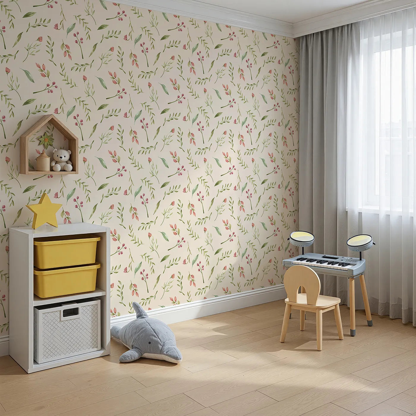 Angled view of Whimsy Tots' Blossom Meadow Breeze Wallpaper in Cream (W3246C).Gentle florals and leafy sprigs bring the calm of a blooming meadow.