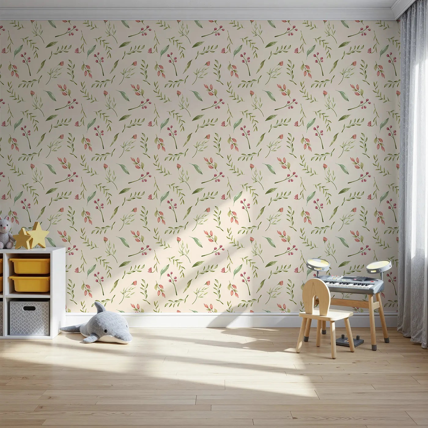 Front view of Whimsy Tots' Blossom Meadow Breeze Wallpaper in Cream