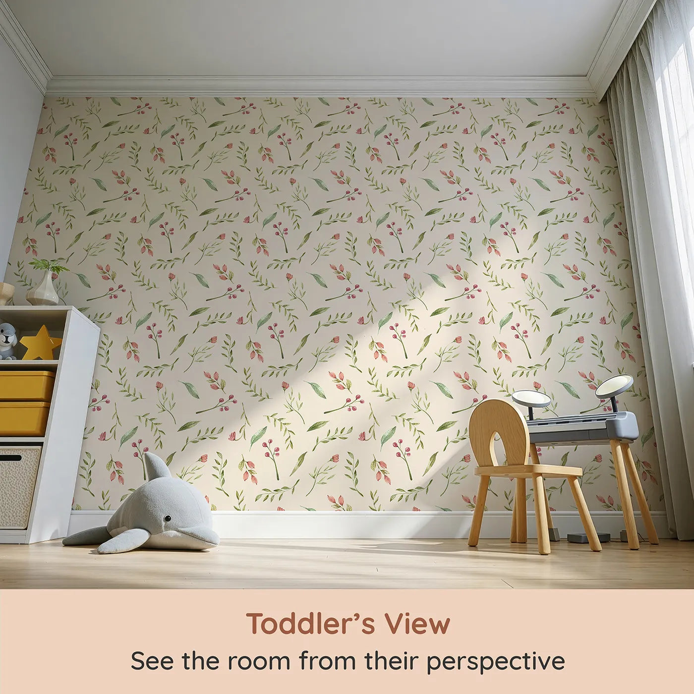 Whimsy Tots Blossom Meadow Breeze Wallpaper in Cream (W3246C) from your child's view.Gentle florals and leafy sprigs bring the calm of a blooming meadow.