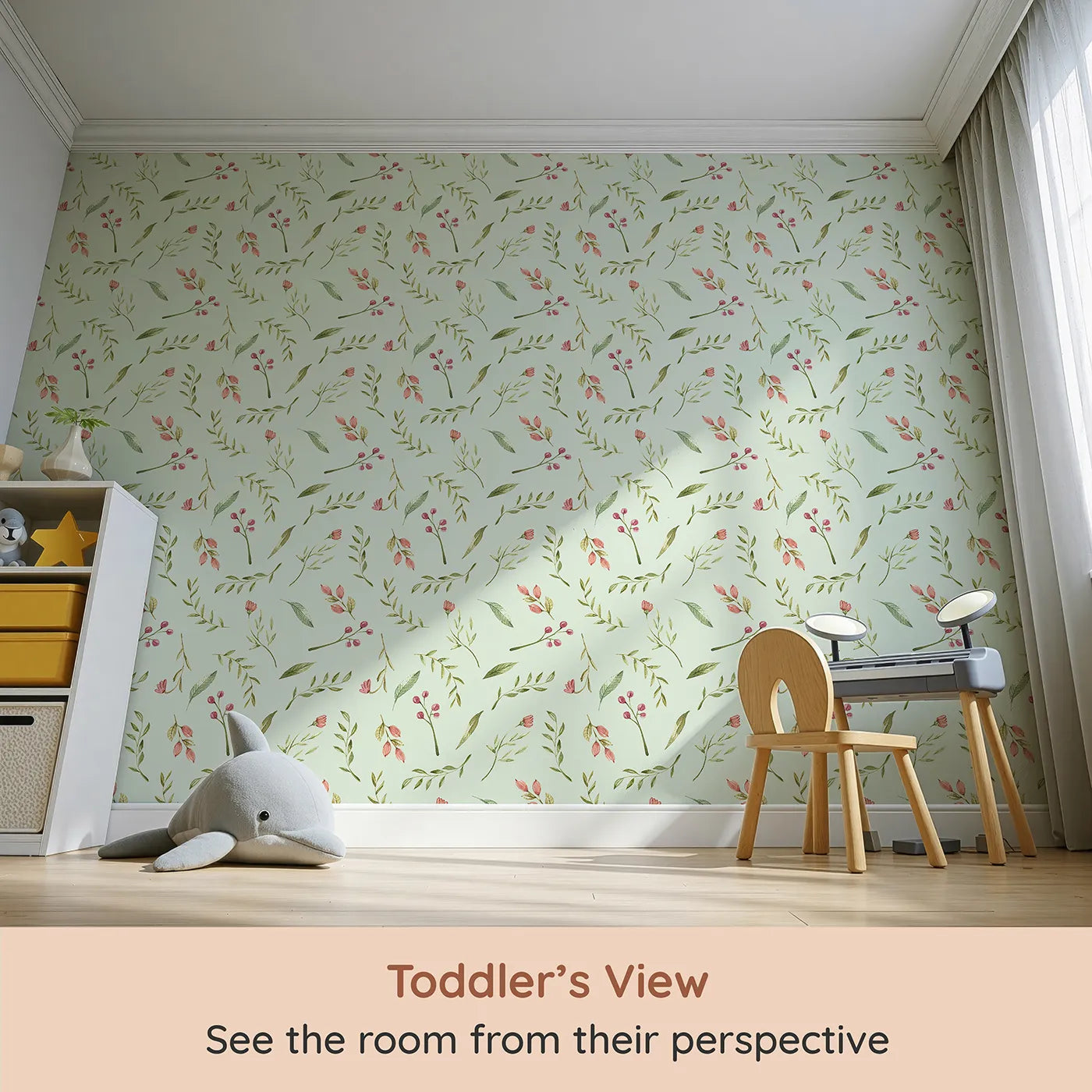 Whimsy Tots Blossom Meadow Breeze Wallpaper in Mint Green (W3246D) from your child's view.Gentle florals and leafy sprigs bring the calm of a blooming meadow.