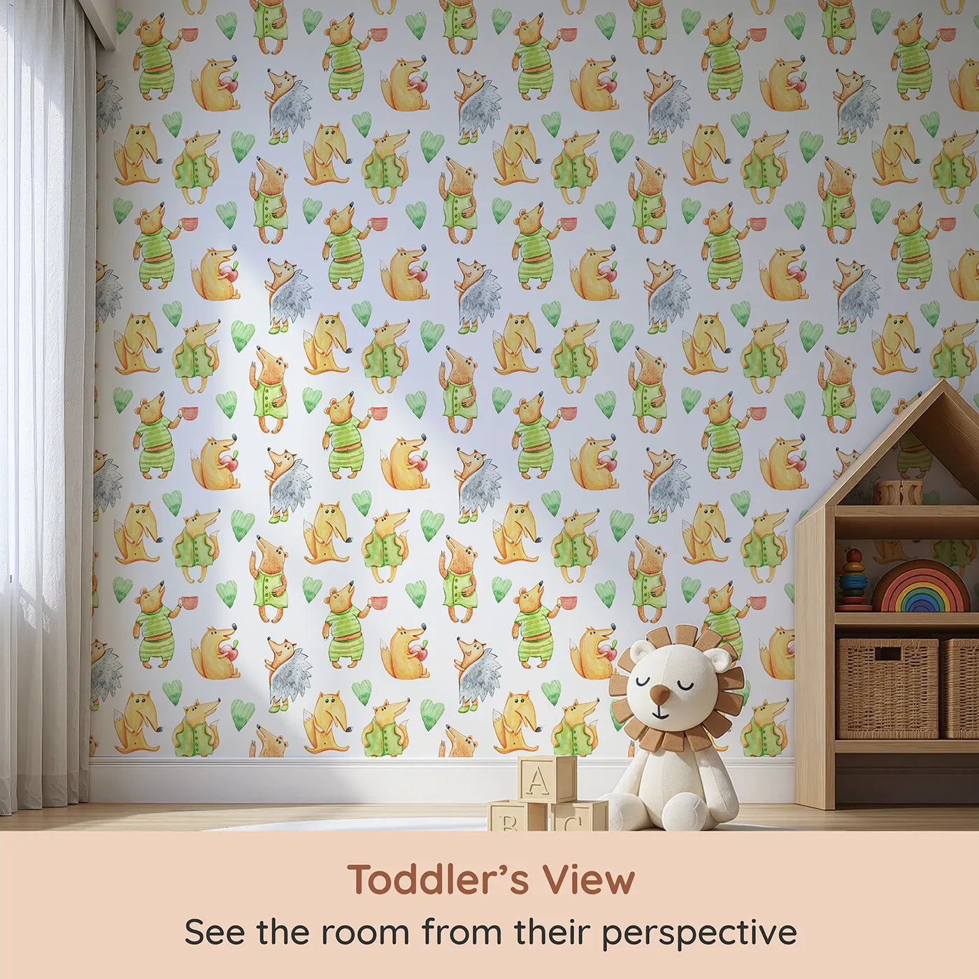 Whimsy Tots Forest Friends Tea Party Wallpaper in White (W3247) from your child's view.Cute cartoon animals share smiles, apples, and tea in a playful forest gathering.