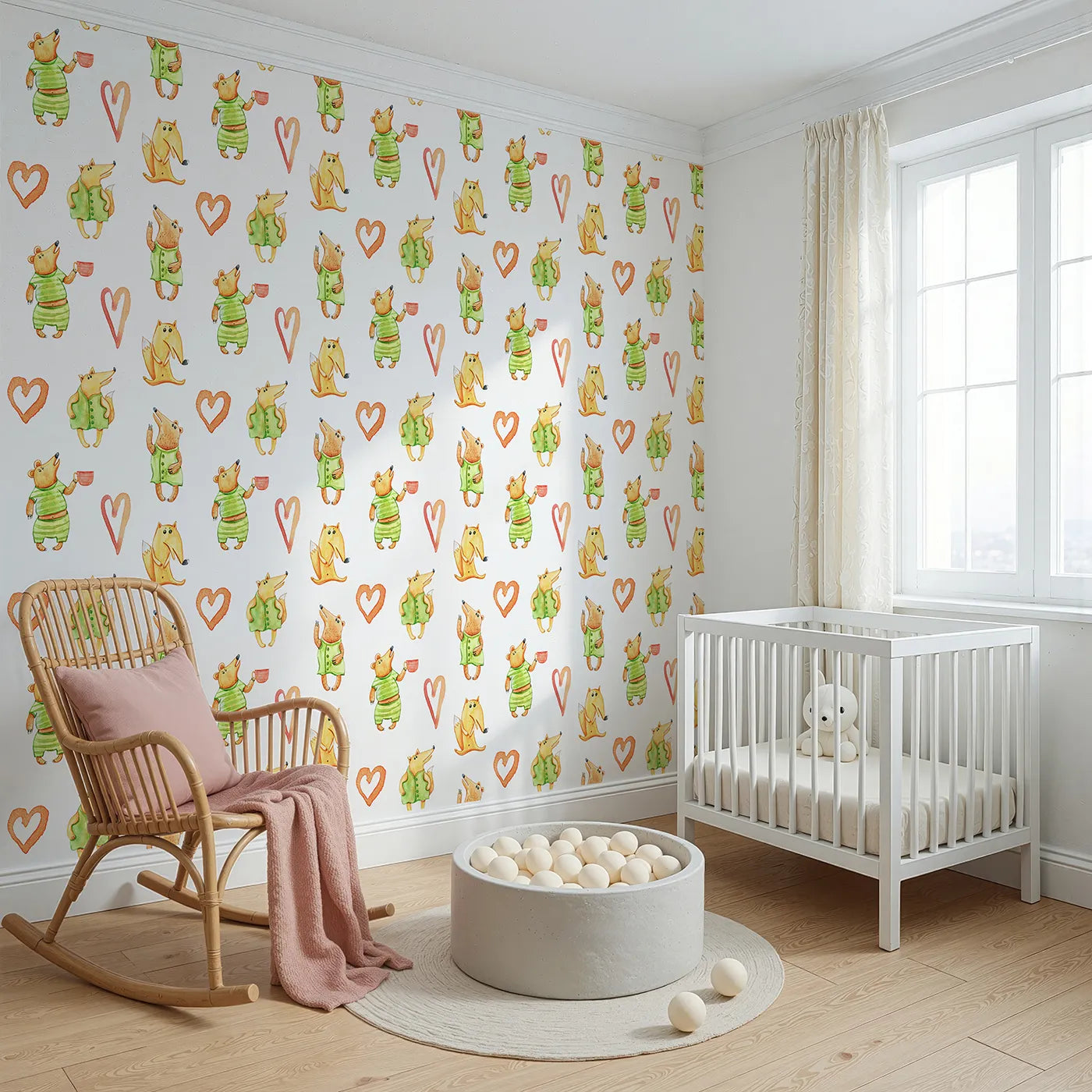 Angled view of Whimsy Tots' Heartwarming Forest Friends Wallpaper (W3248).Foxes and bears share warm cups and watercolor hearts.