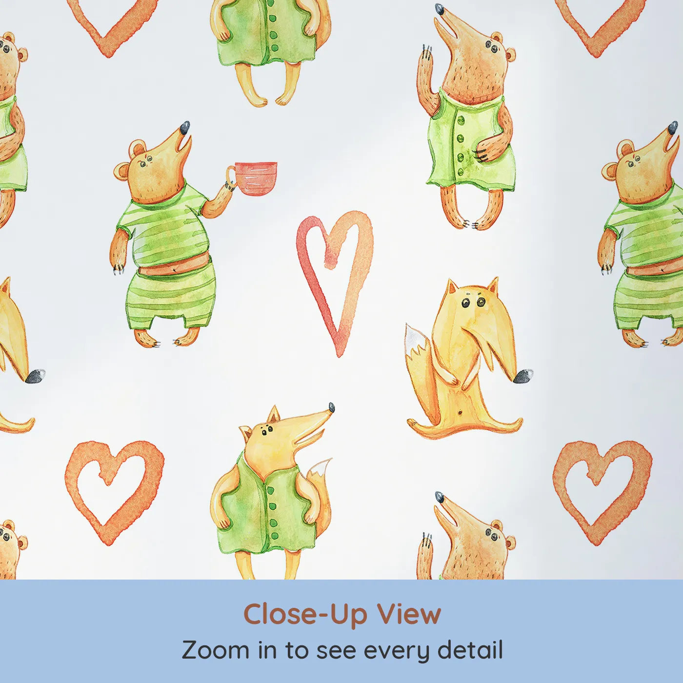 Close-up view of Whimsy Tots' Heartwarming Forest Friends Wallpaper (W3248).Foxes and bears share warm cups and watercolor hearts.
