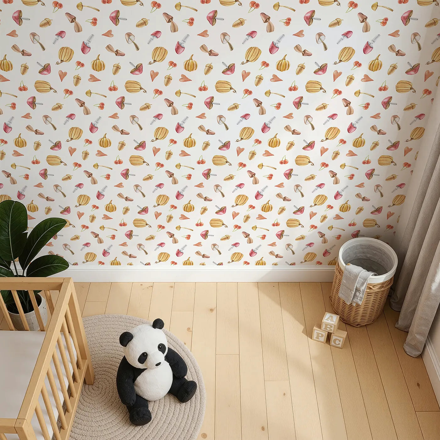 Top-Down view of Whimsy Tots' Autumn Forage Friends Wallpaper in White (W3249A).Mushrooms, acorns, cherries, and hearts scatter like autumn memories.
