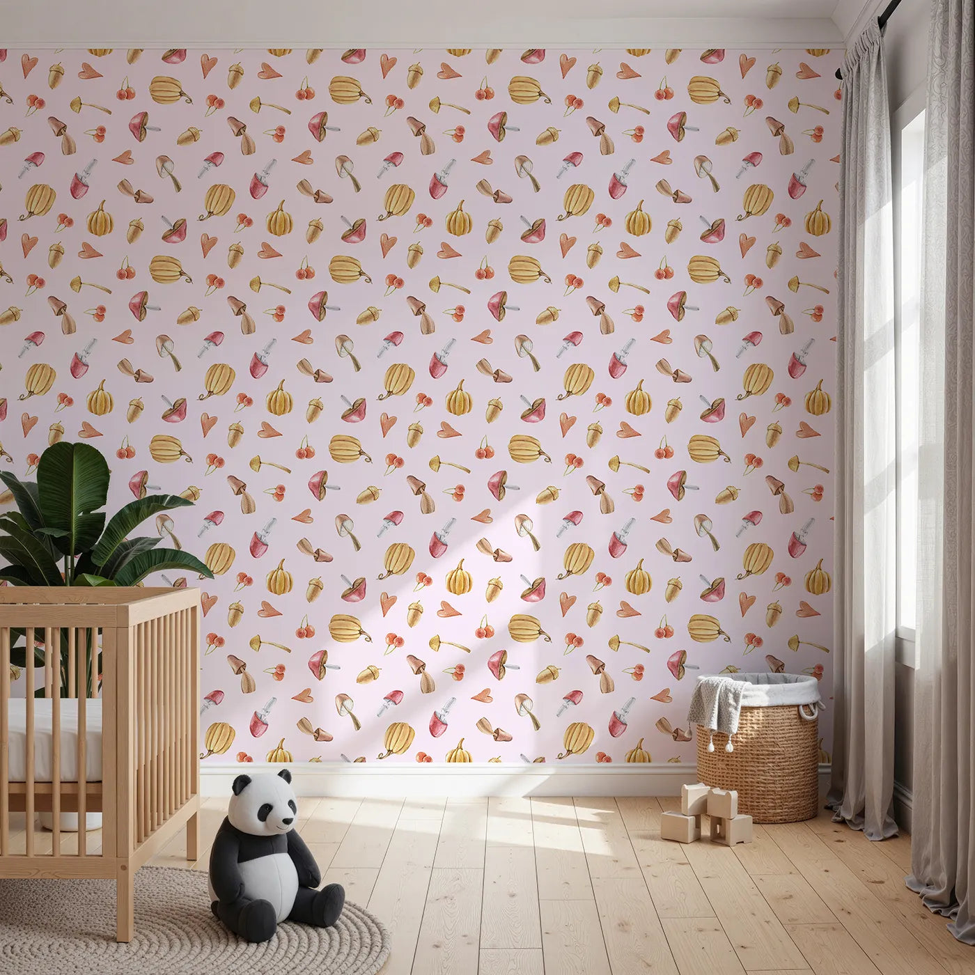 Front view of Whimsy Tots' Autumn Forage Friends Wallpaper in Blush Pink