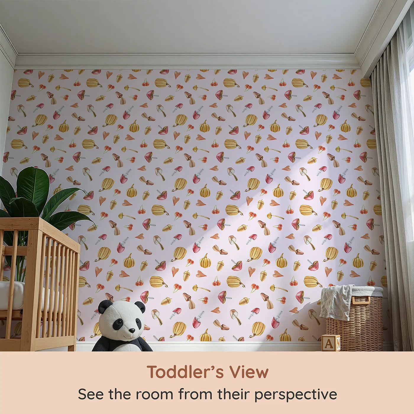 Whimsy Tots Autumn Forage Friends Wallpaper in Blush Pink (W3249B) from your child's view.Mushrooms, acorns, cherries, and hearts scatter like autumn memories.