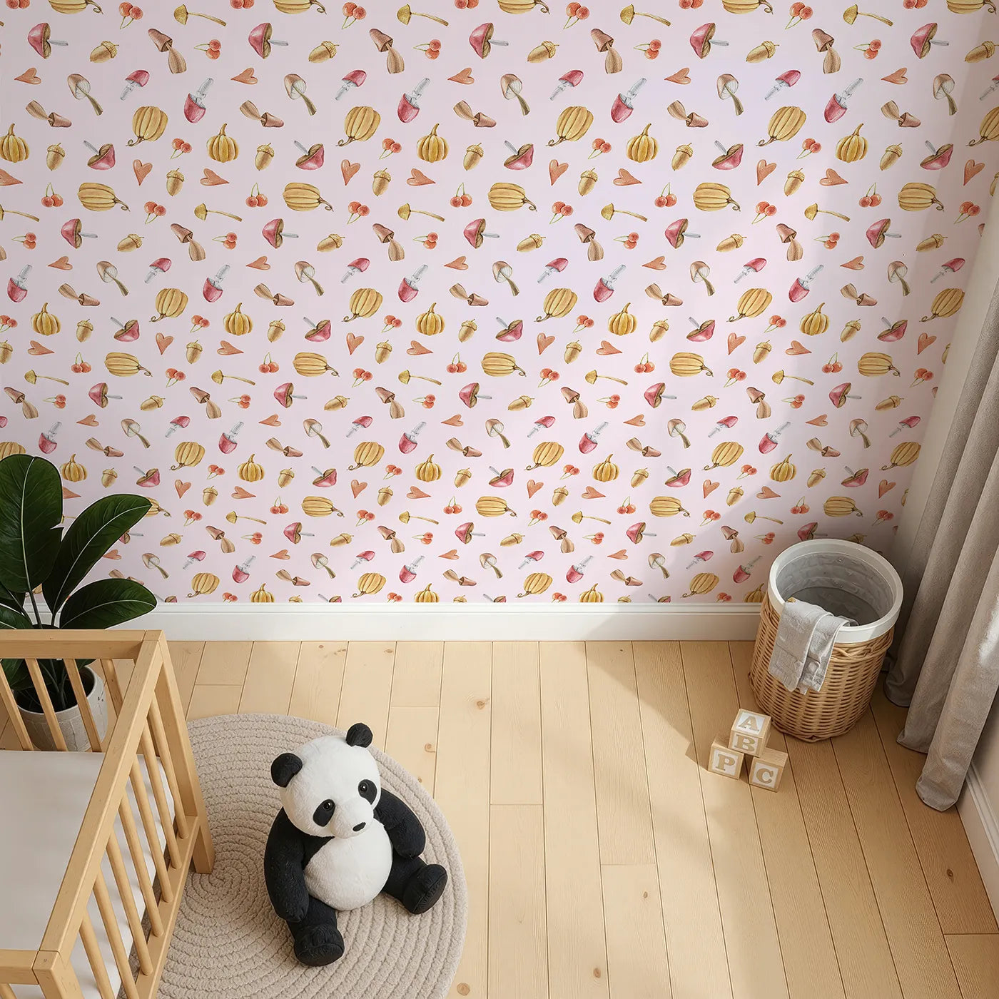 Top-Down view of Whimsy Tots' Autumn Forage Friends Wallpaper in Blush Pink (W3249B).Mushrooms, acorns, cherries, and hearts scatter like autumn memories.