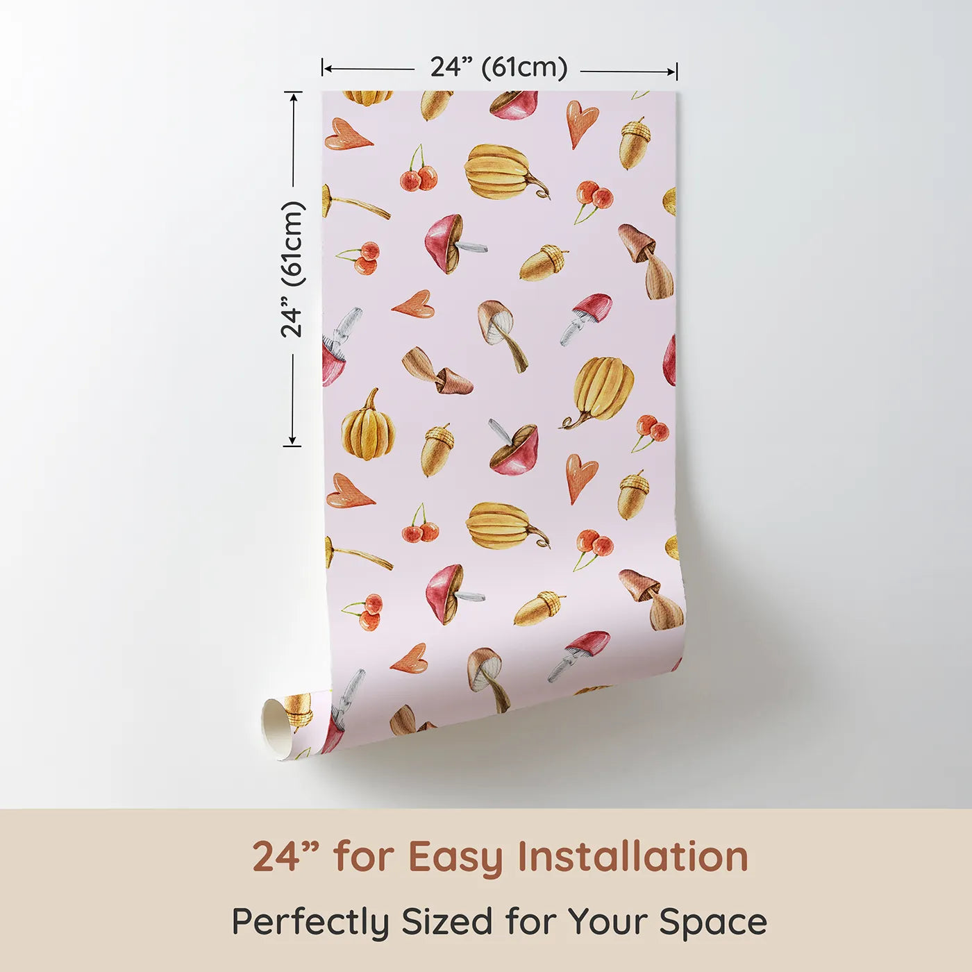 Dimension view of Whimsy Tots Autumn Forage Friends Wallpaper in Blush Pink (W3249B). Printed in 24-inch-wide panel for easy installation. Mushrooms, acorns, cherries, and hearts scatter like autumn memories.