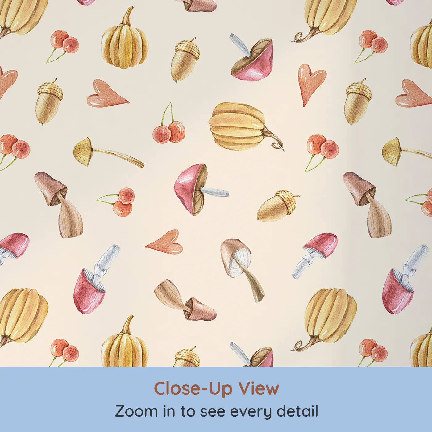 Close-up view of Whimsy Tots' Autumn Forage Friends Wallpaper in Cream (W3249C).Mushrooms, acorns, cherries, and hearts scatter like autumn memories.