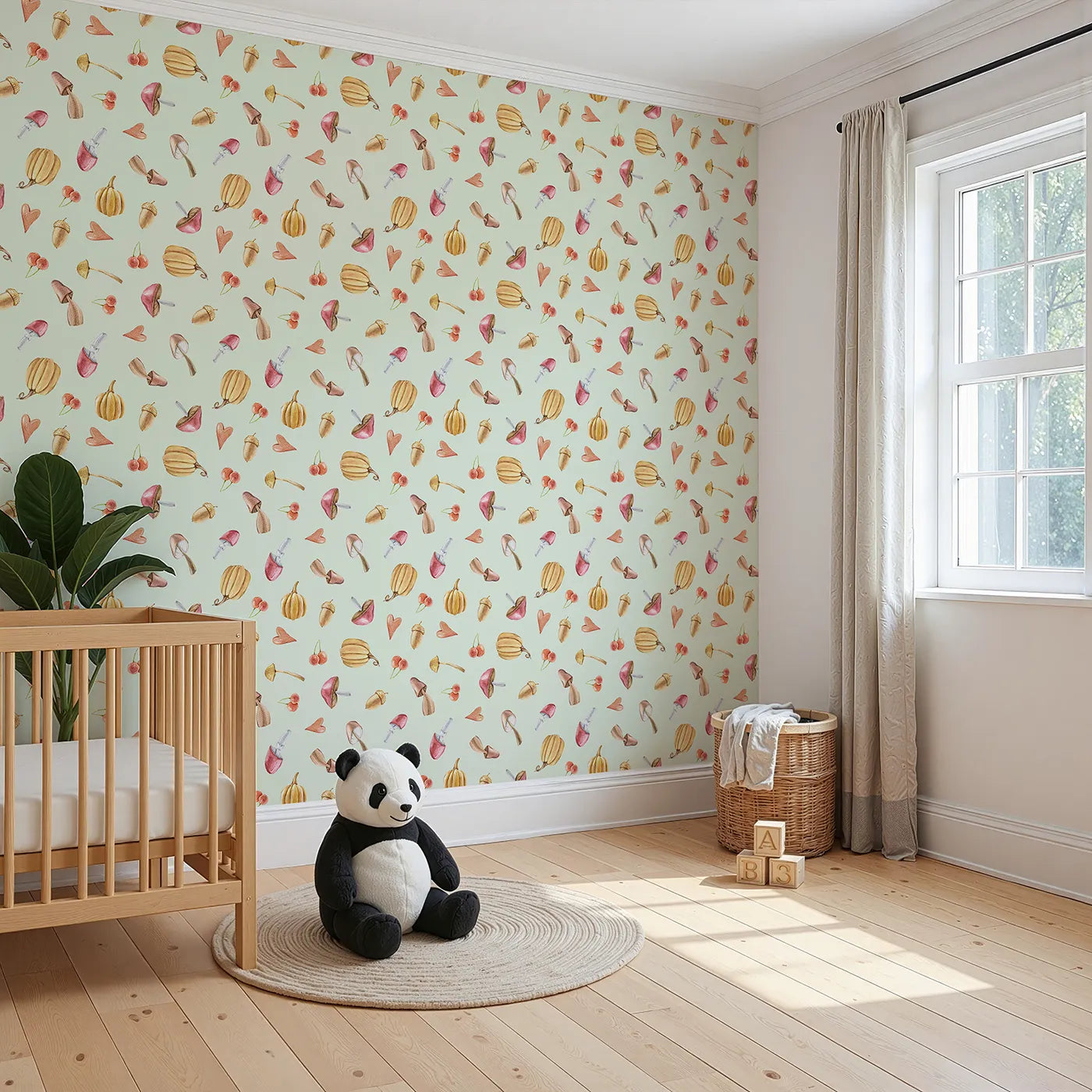 Angled view of Whimsy Tots' Autumn Forage Friends Wallpaper in Green (W3249D).Mushrooms, acorns, cherries, and hearts scatter like autumn memories.