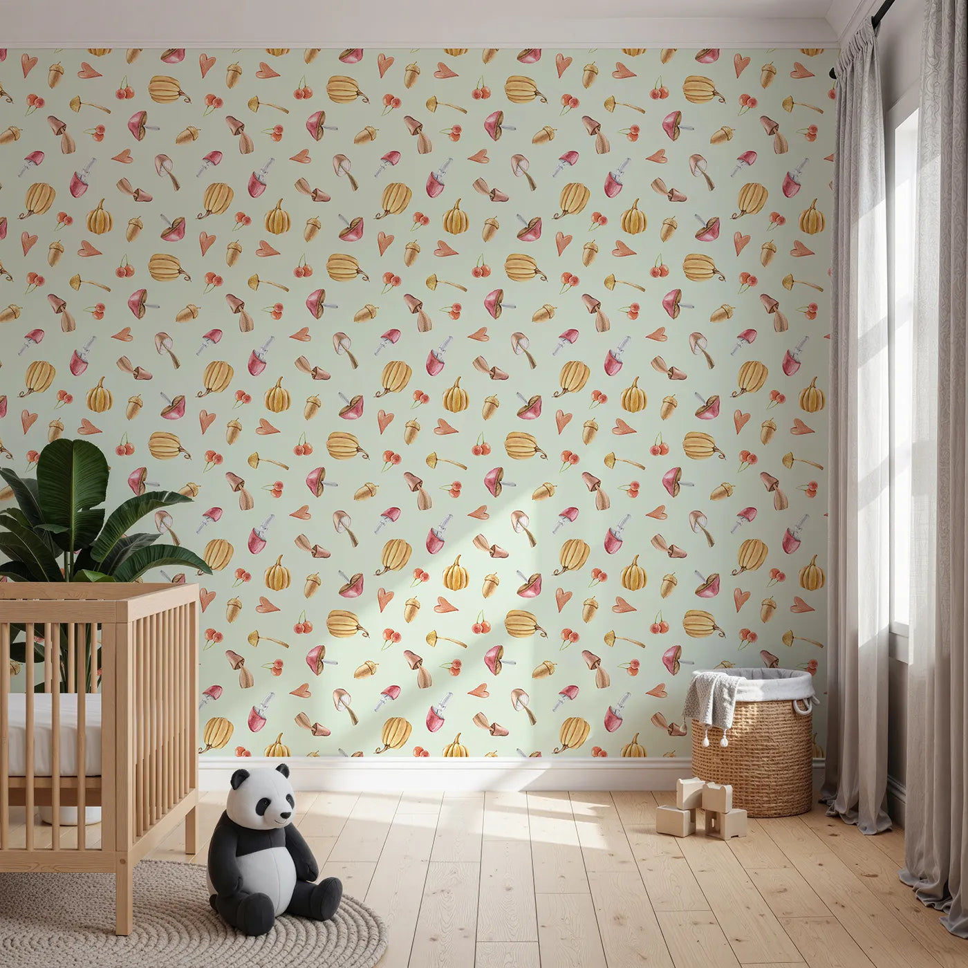 Front view of Whimsy Tots' Autumn Forage Friends Wallpaper in Green