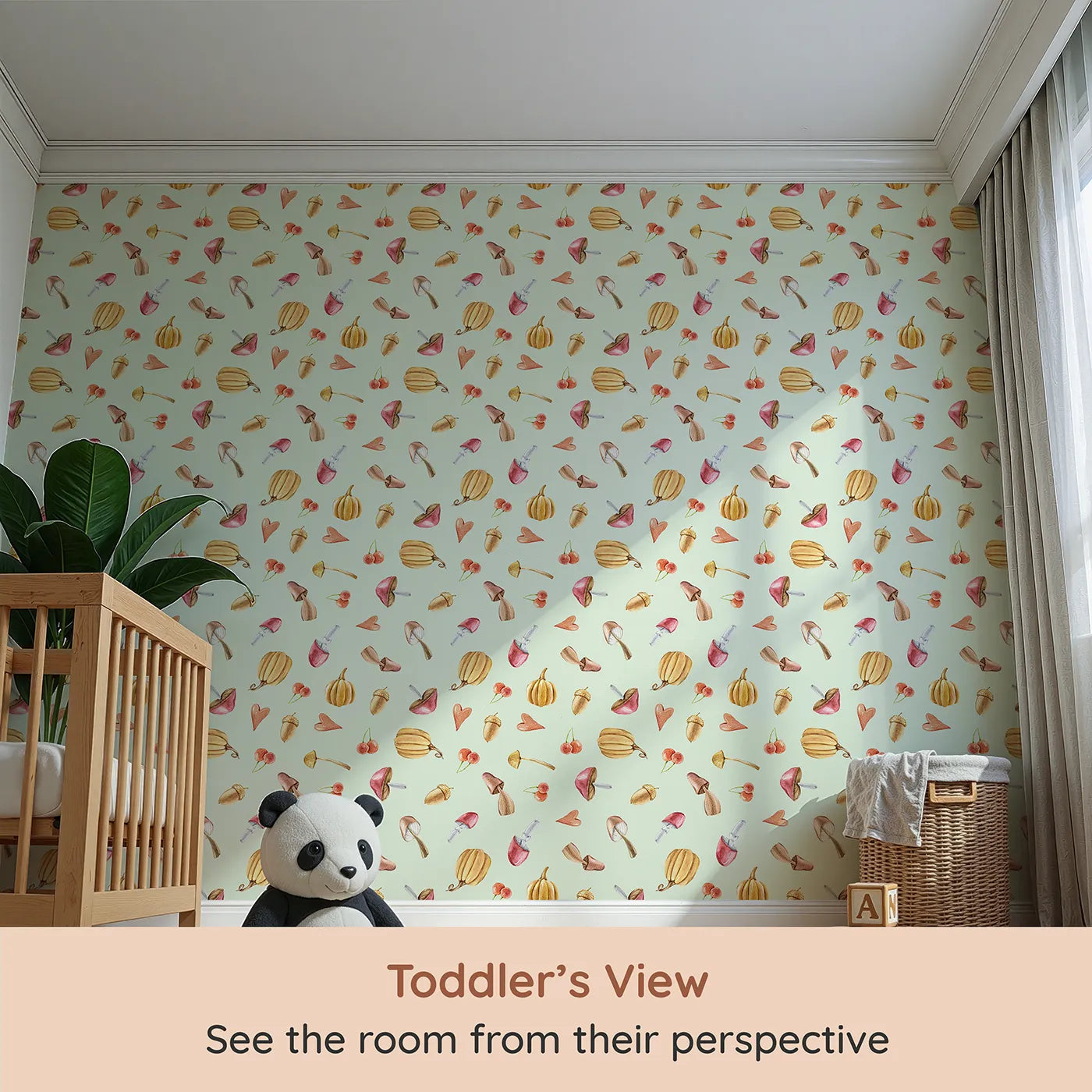 Whimsy Tots Autumn Forage Friends Wallpaper in Green (W3249D) from your child's view.Mushrooms, acorns, cherries, and hearts scatter like autumn memories.