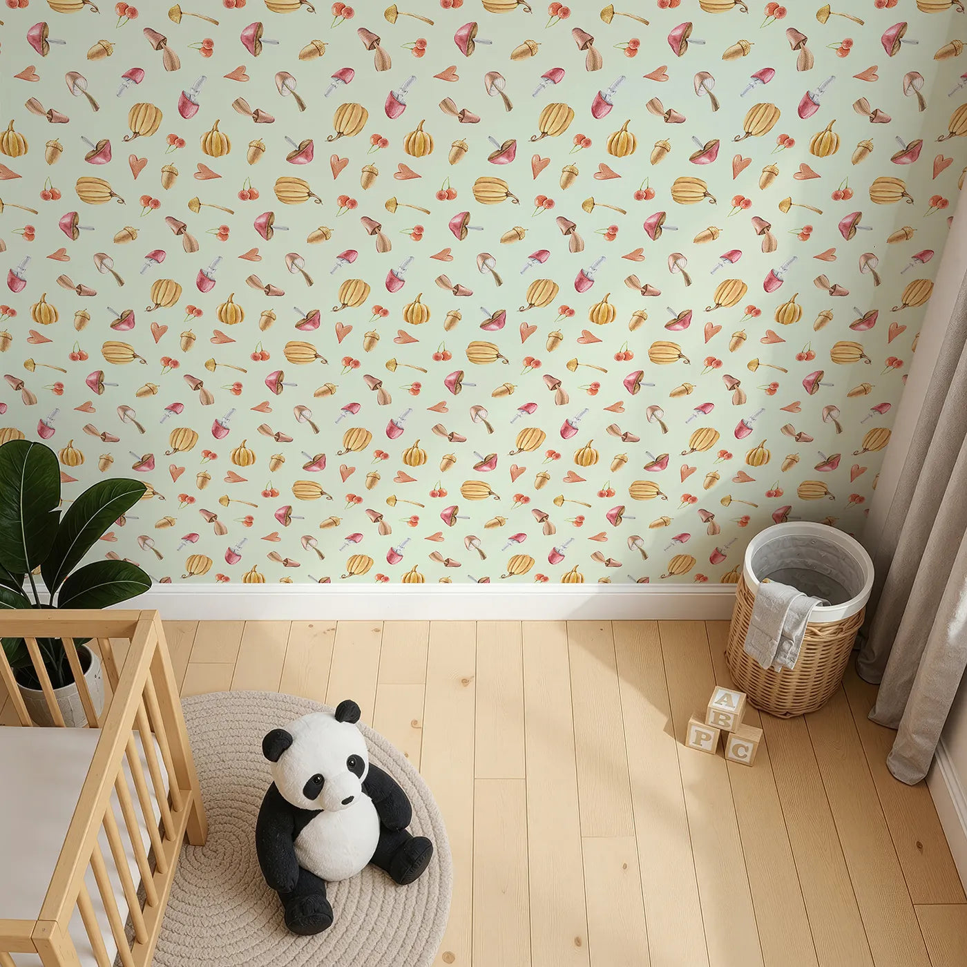 Top-Down view of Whimsy Tots' Autumn Forage Friends Wallpaper in Green (W3249D).Mushrooms, acorns, cherries, and hearts scatter like autumn memories.