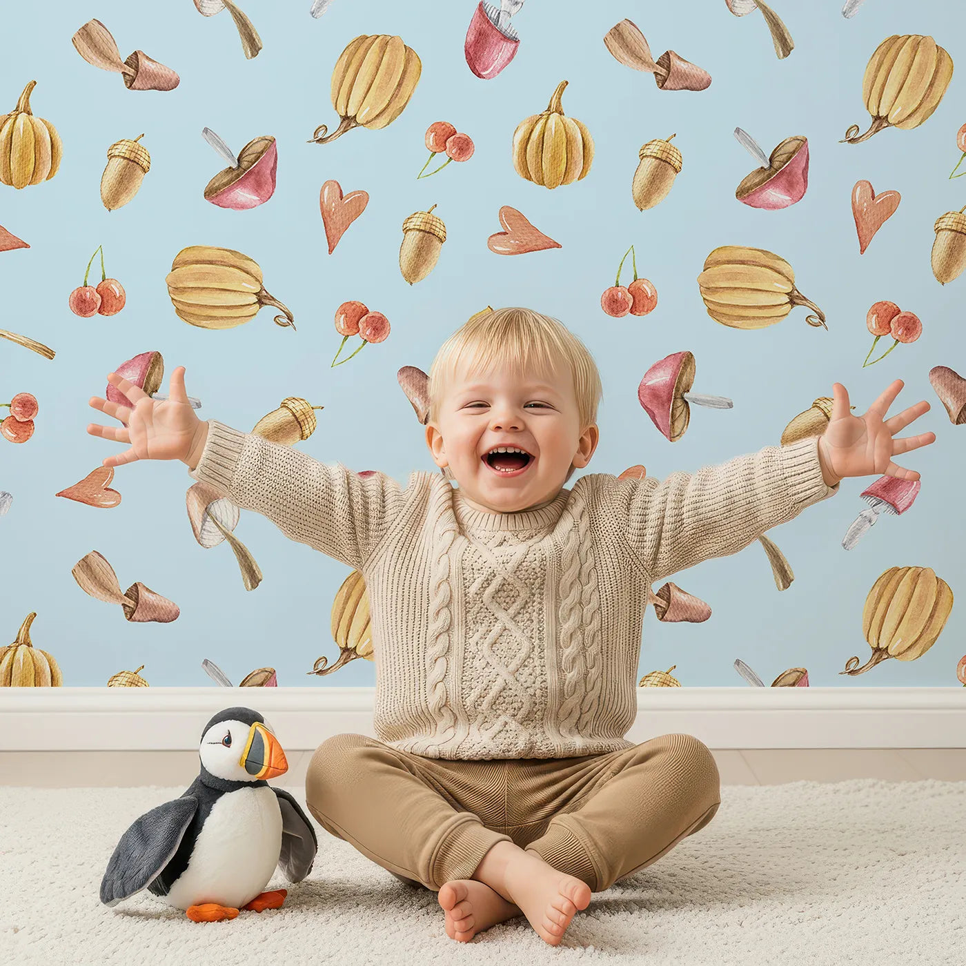 Lovely child standing in front of Whimsy Tots Autumn Forage Friends Wallpaper in Blue with mushroom, acorn, cherry, pumpkin, heart in design.