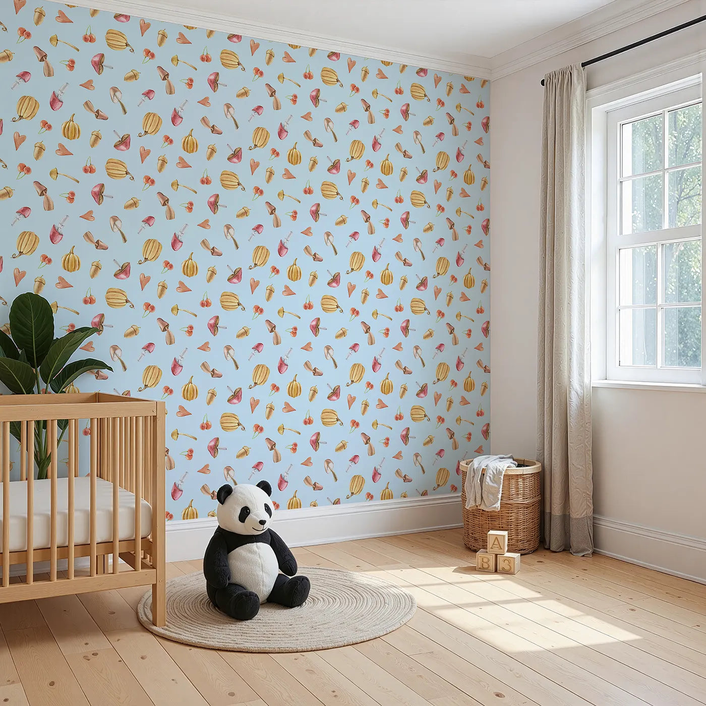 Angled view of Whimsy Tots' Autumn Forage Friends Wallpaper in Blue (W3249E).Mushrooms, acorns, cherries, and hearts scatter like autumn memories.
