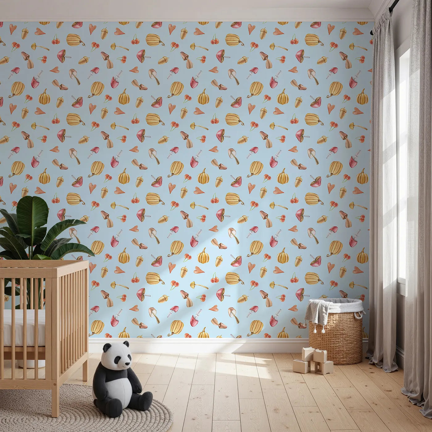 Front view of Whimsy Tots' Autumn Forage Friends Wallpaper in Blue